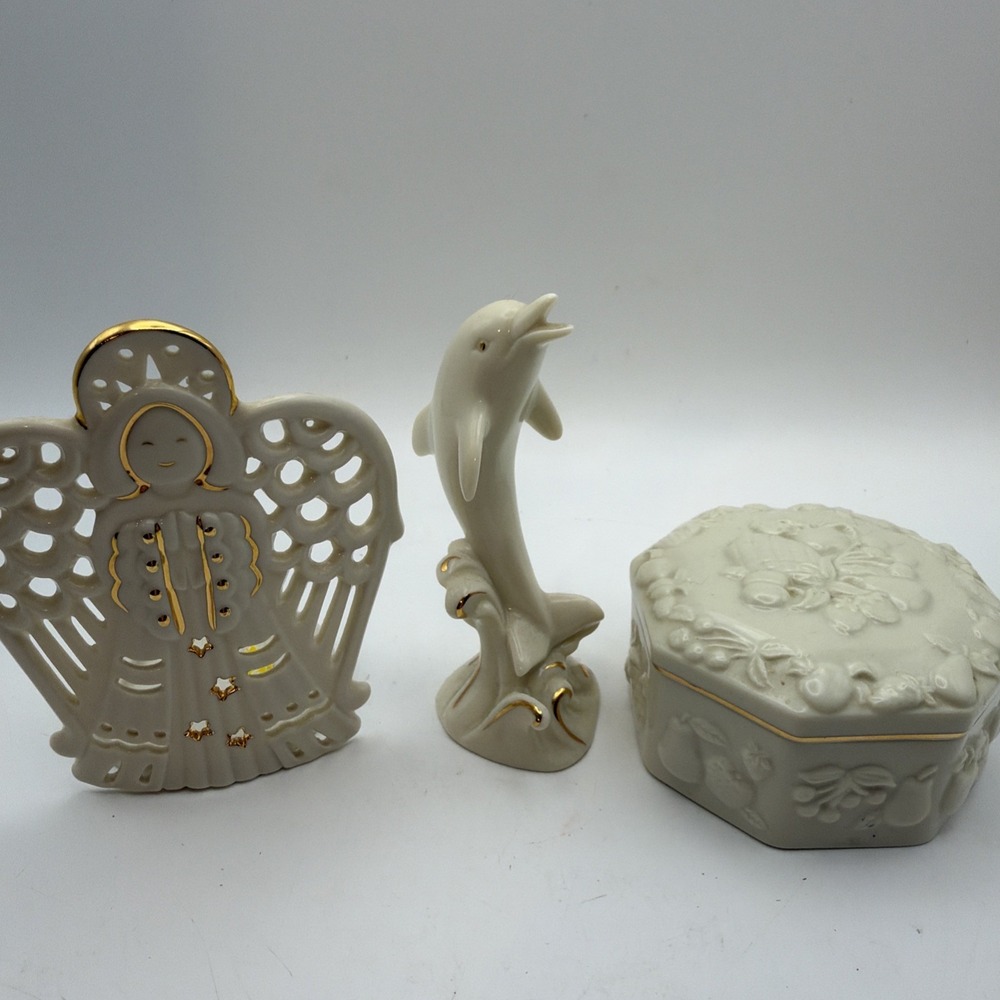 Lot 3 Vintage Lenox Ivory Porcelain Dolphin Figurine, Angel Votive, Trinket Box